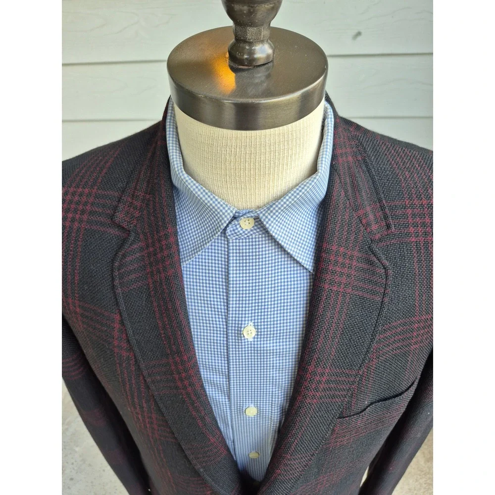Hickey Freeman Customized Mens Plaid Blazer Sport Coat Black Red Sz 44 R‎ VTG